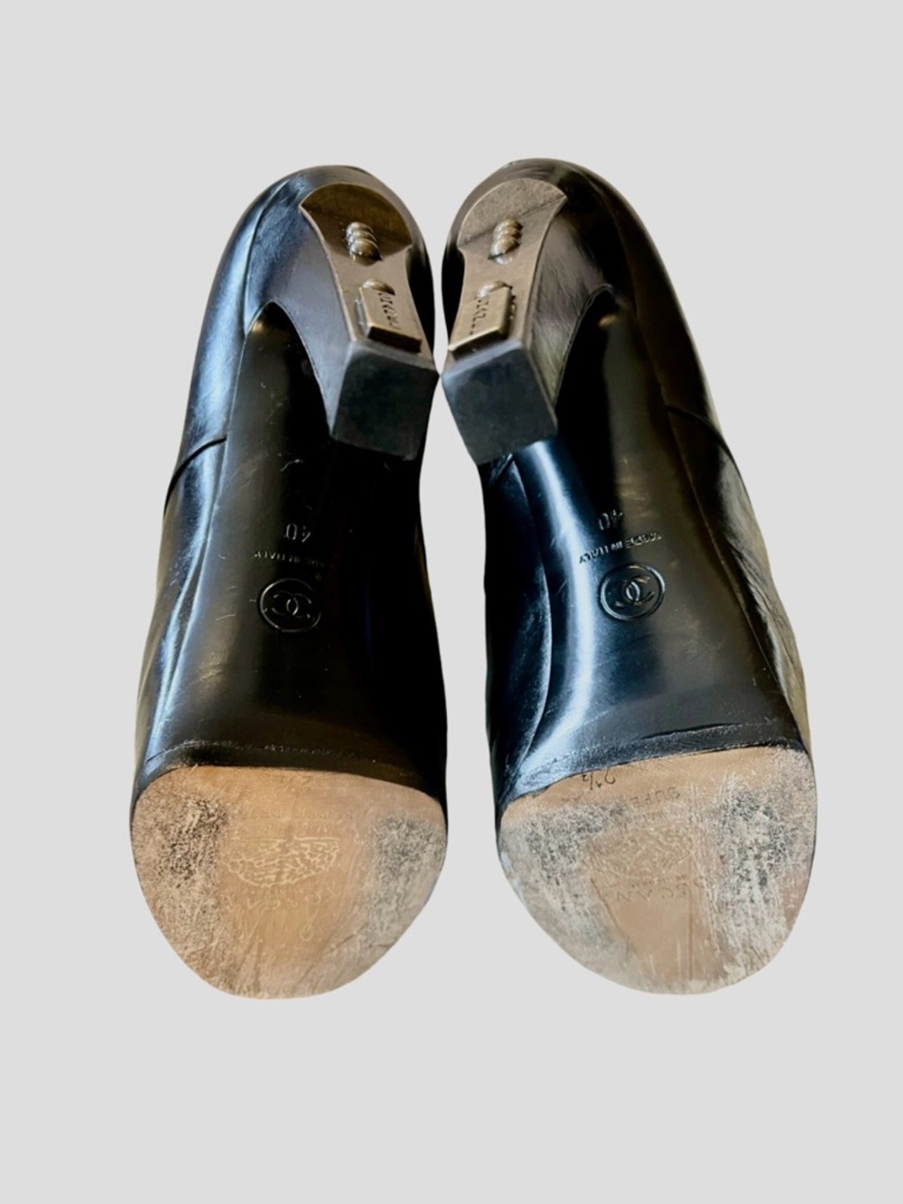 CHANEL Black Leather Logo Heel Lace-Up Platform Ankle Boots - Picture 10 of 15